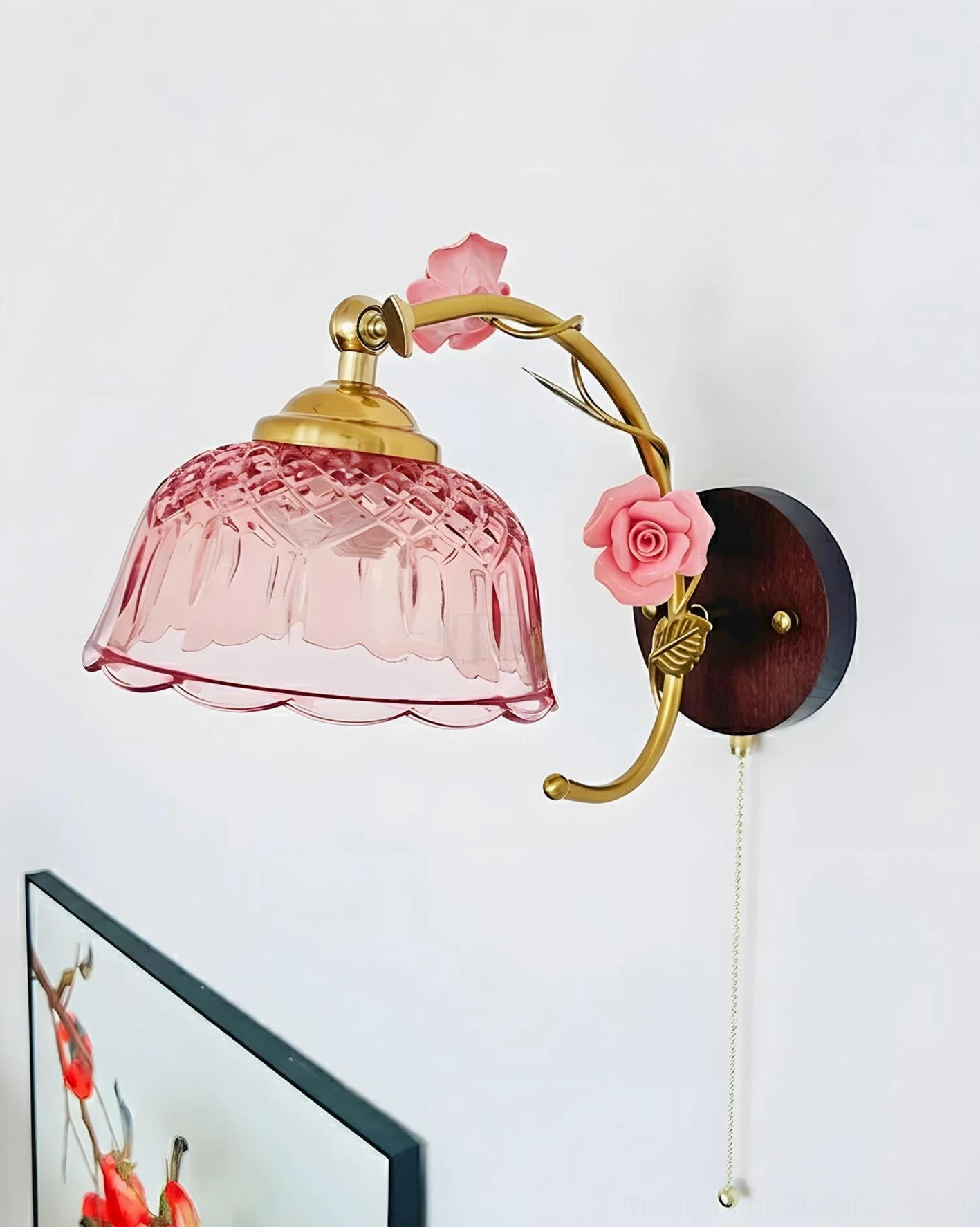 Walnut wood accent Roseraie Verse wall lamp paired with contemporary furniture