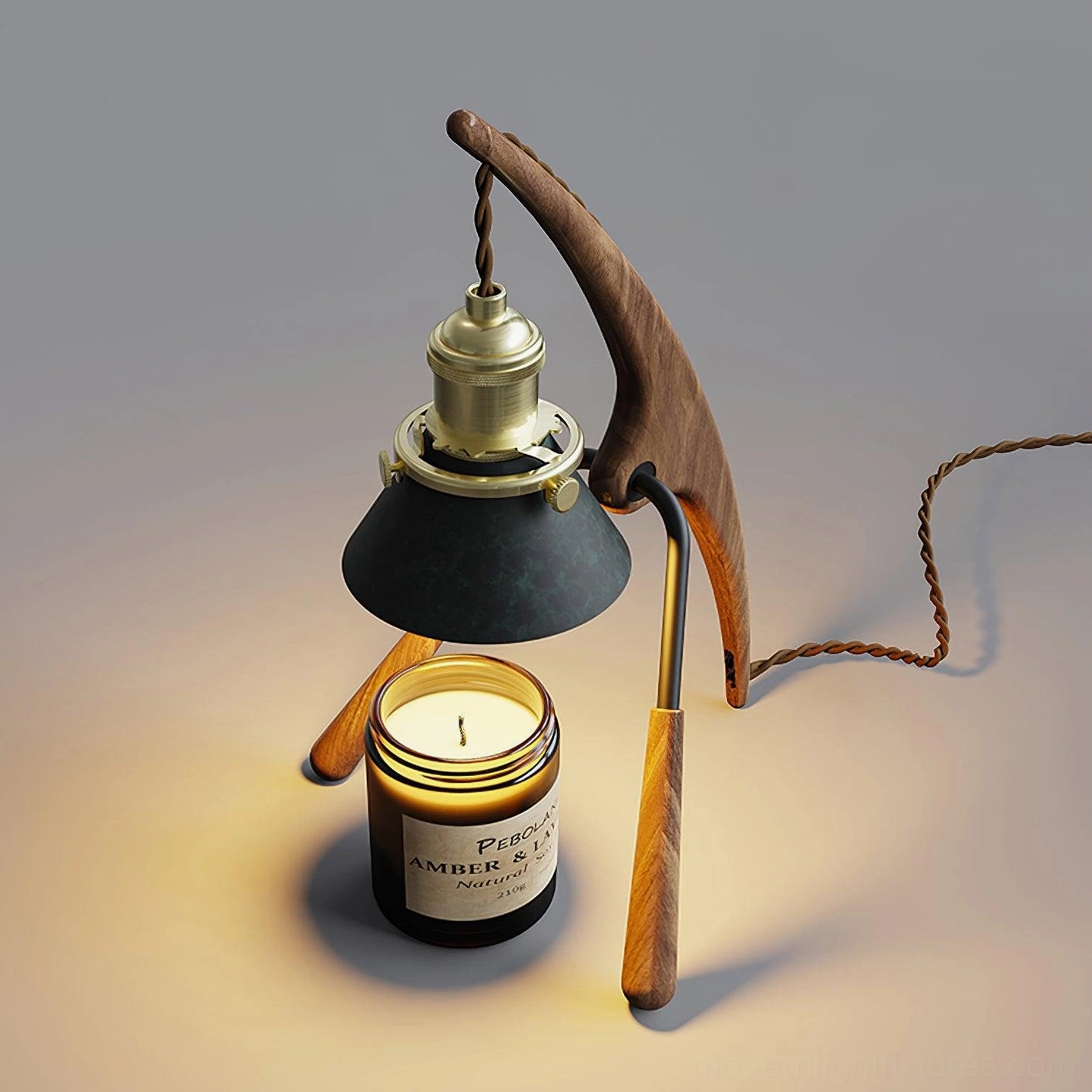 Walnut wood warmer lamp with brass details, 35W or 50W halogen bulb compatible, dimmer ready