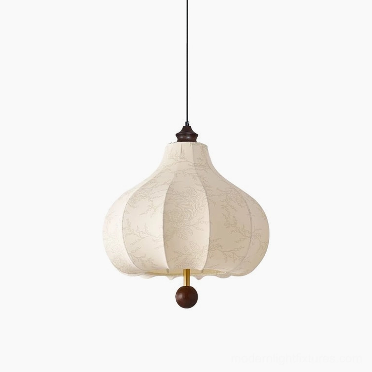 Walnut and white botanical pendant lamp variant featuring rich wood tones and light fabric coordination