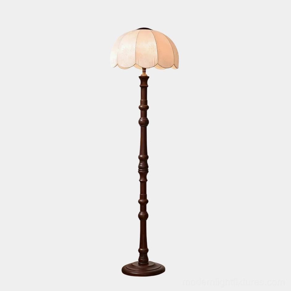 Walnut color and white scalloped vintage floor lamp variant with carved wooden pole and fabric shade