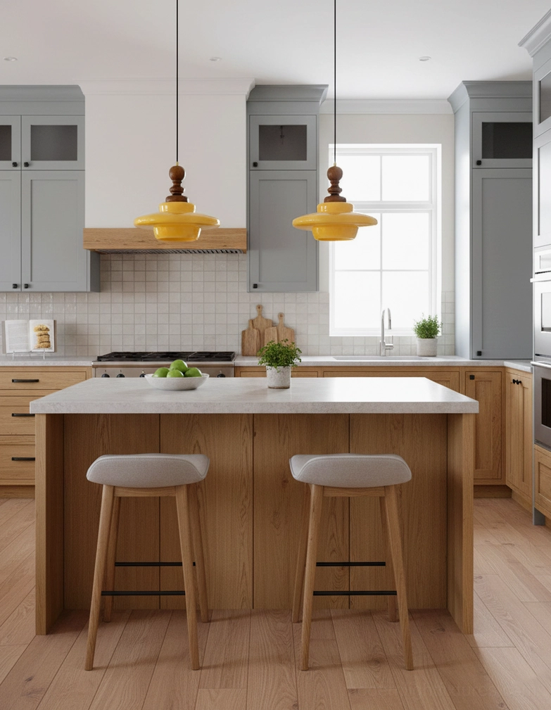 Mid-century pendant light with walnut wood top fixture and golden amber glass bowl shade, product close-up view