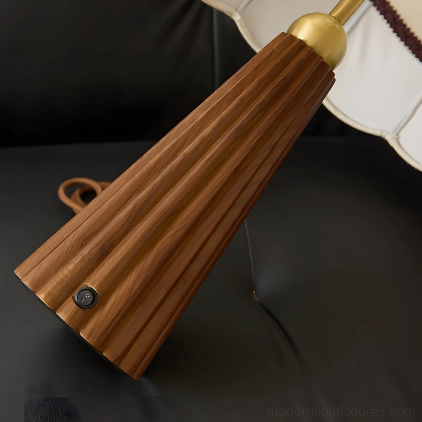 Walnut wood base pleated table lamp - natural wood tone and sculptural base detail