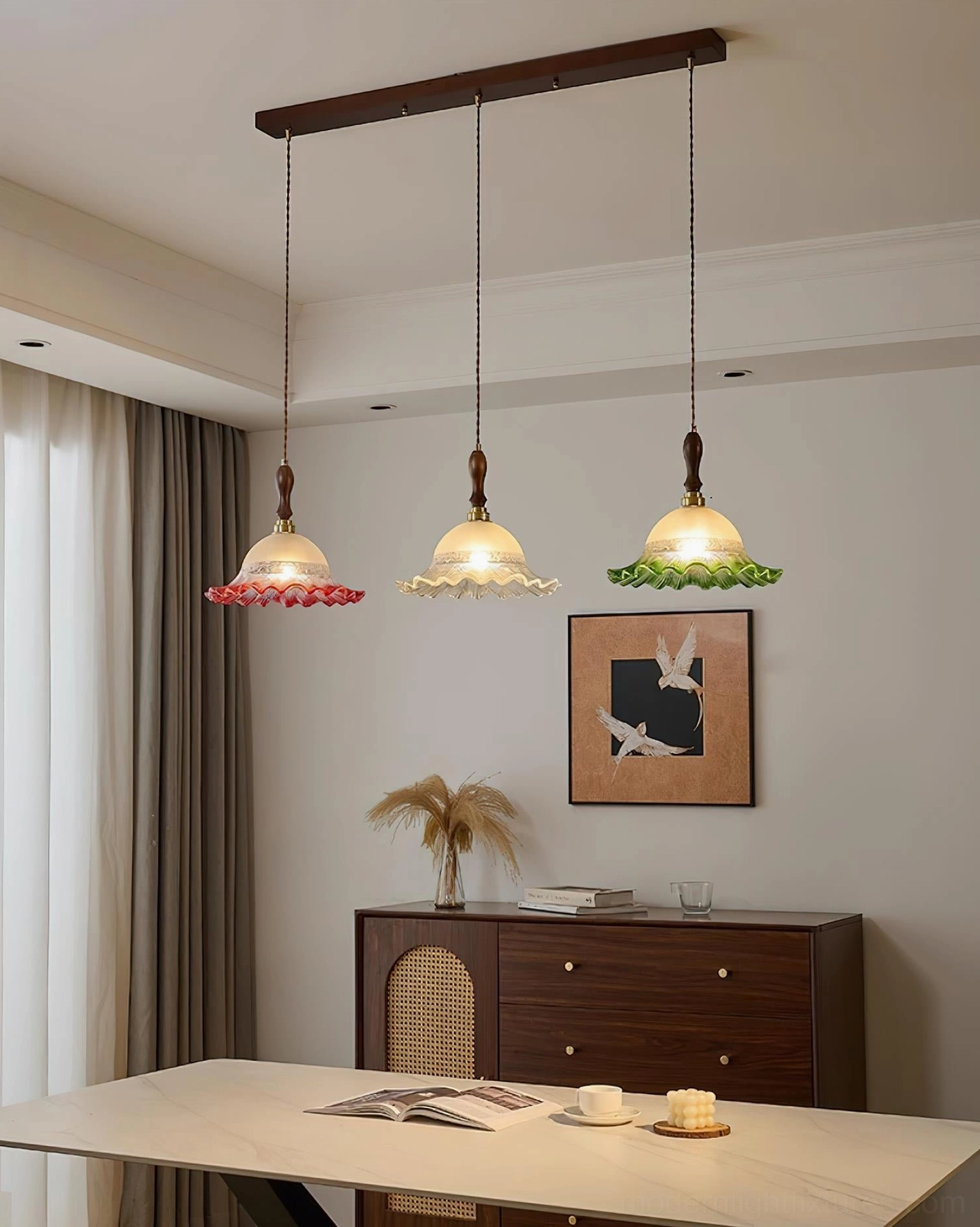 Walnut wood and brass pendant light fixture with frosted glass shade detail