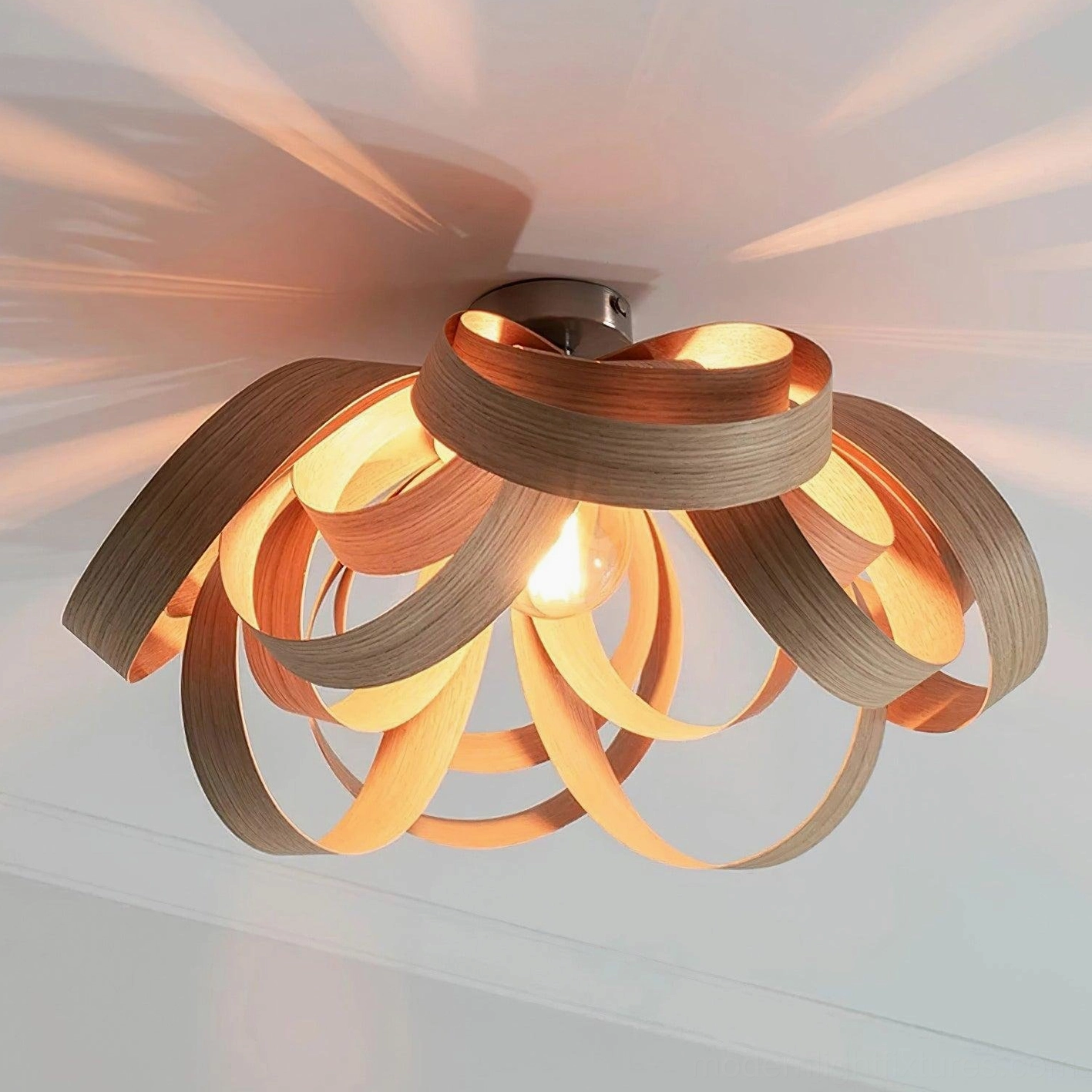 Walnut finish wooden petal semi-flush ceiling light fixture detailed view