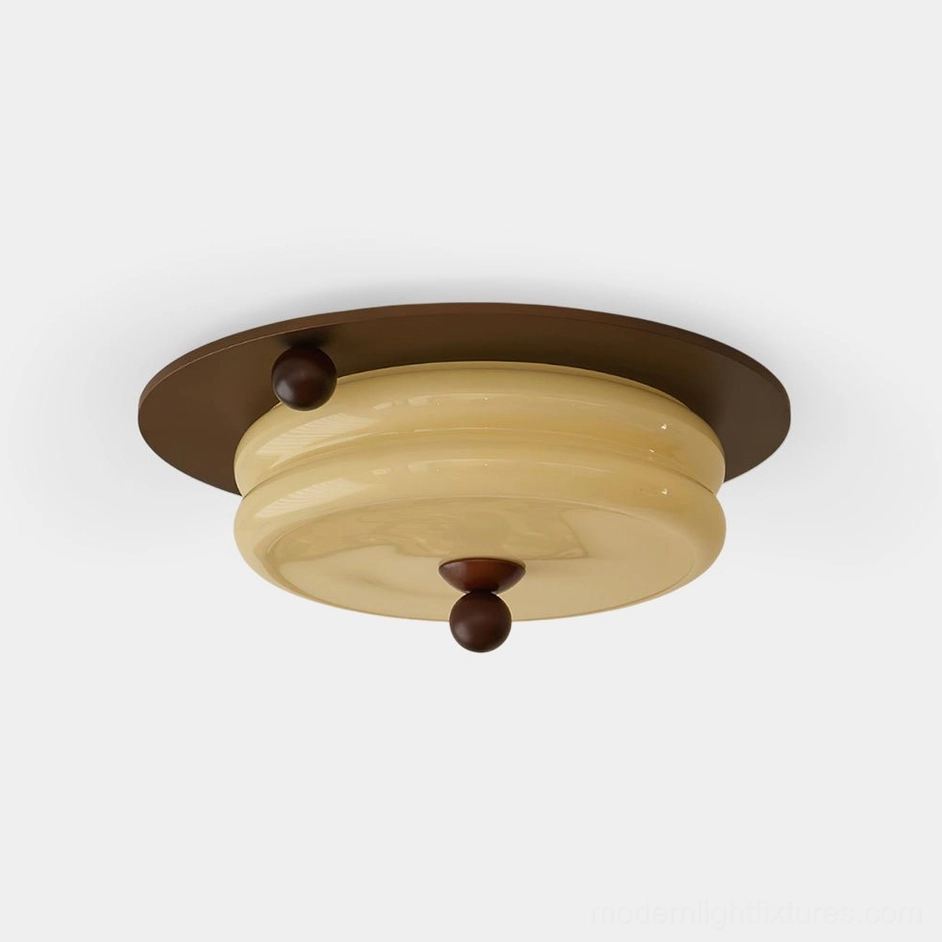 Walnut wood ceiling light fixture with tiered frosted glass shade and metal hardware on white background