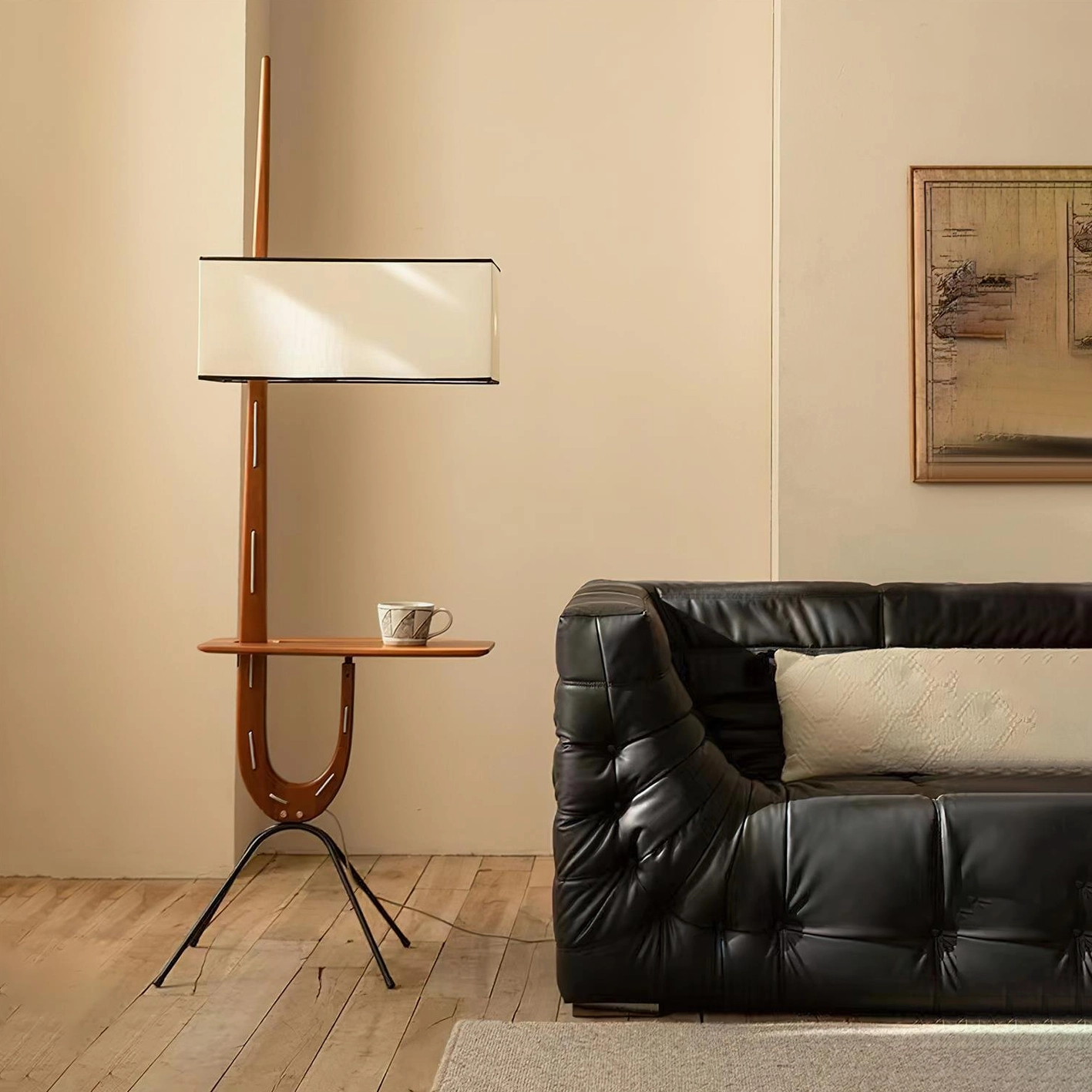 Walnut color wood floor lamp with side shelf in minimalist interior design setting