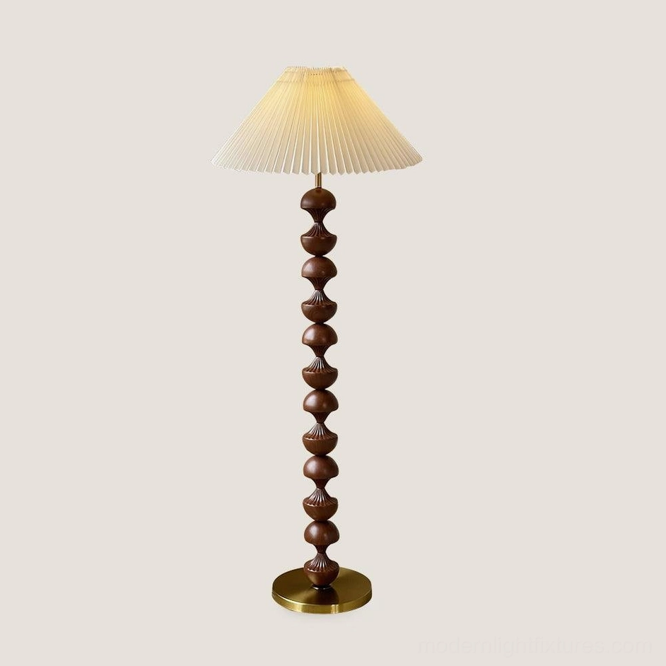 Walnut color variant of beaded wood floor lamp with brass and chrome base finish options, premium wooden craftsmanship detail view