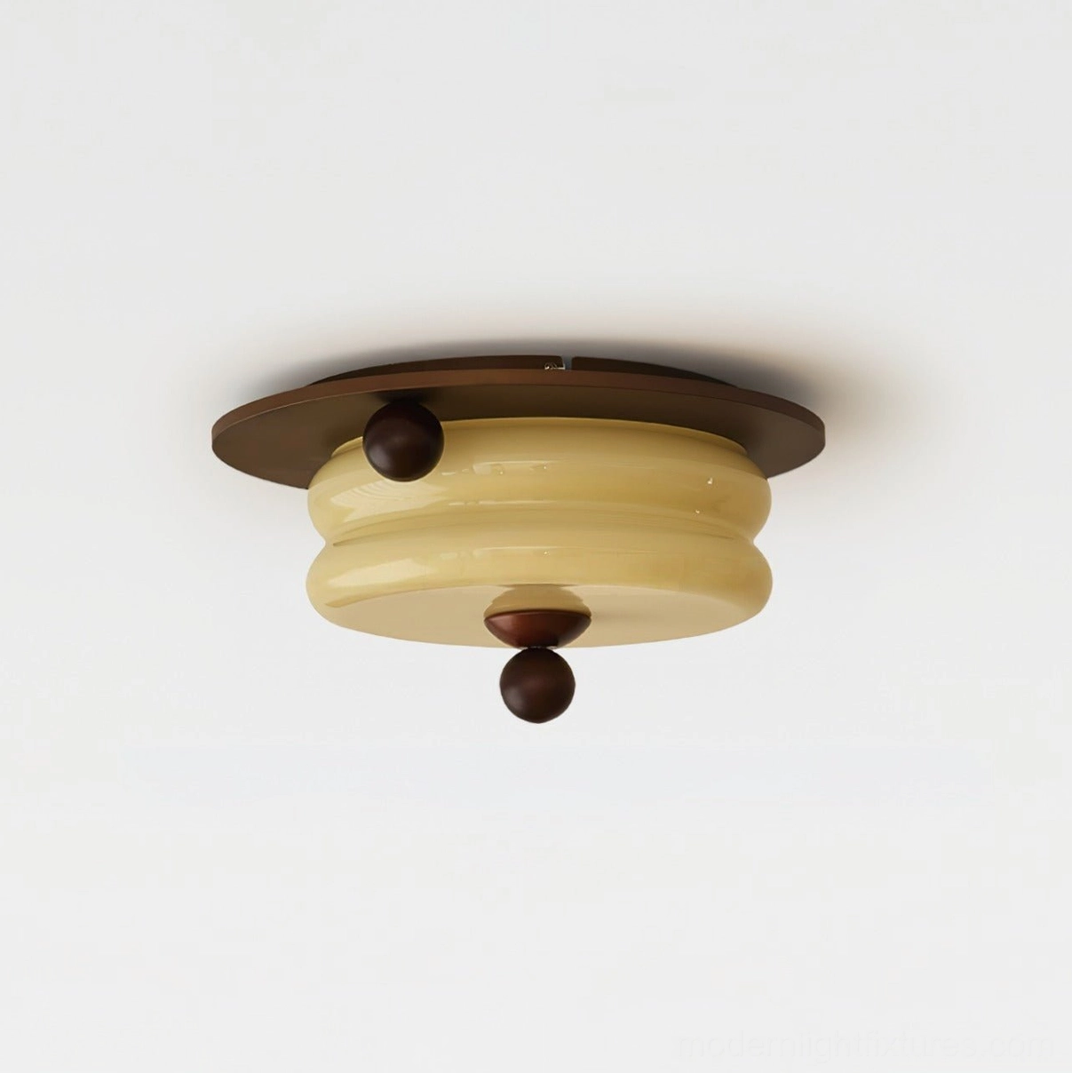 Walnut wood ceiling light fixture with frosted glass diffuser on white studio background