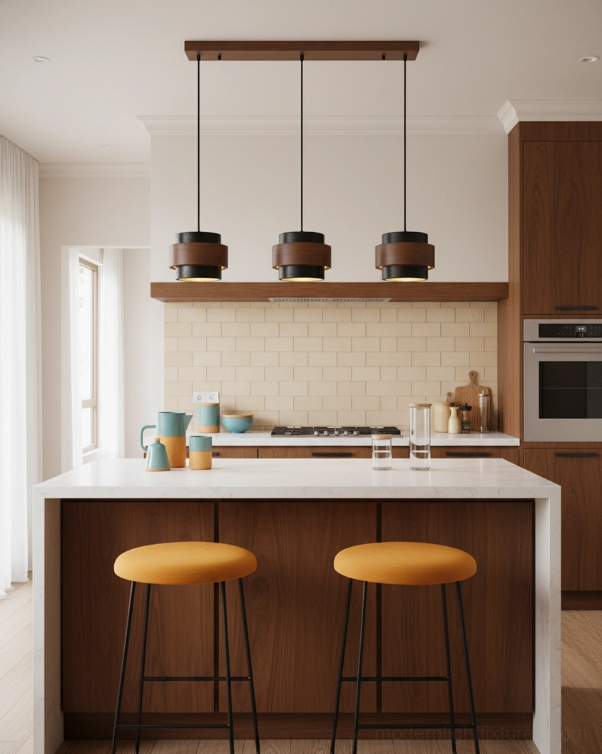 Walnut wood framed travertine pendant lamp showing warm natural wood grain against beige stone shade