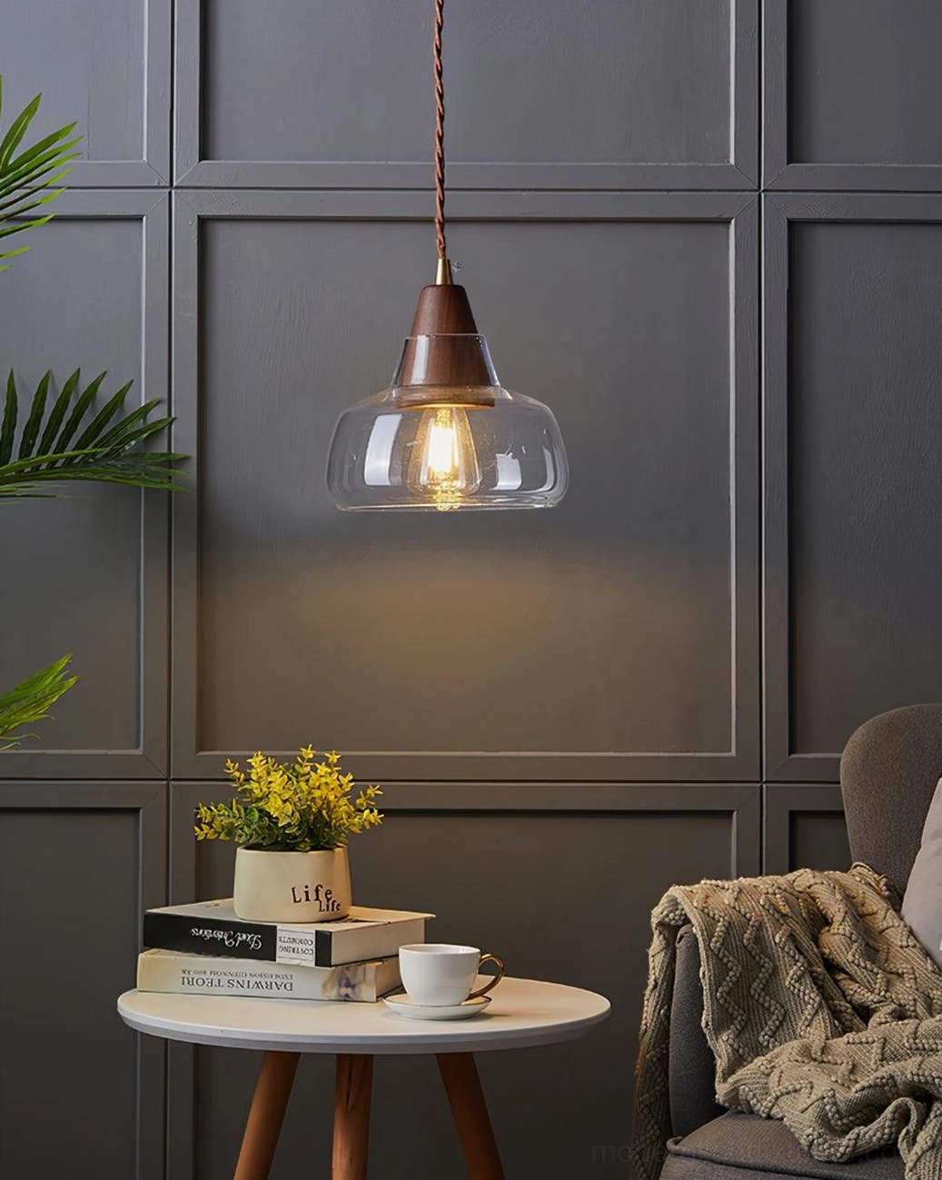 Walnut wood glass pendant lamp Scandinavian Nordic modern design, durable hardwired hanging fixture for residential spaces