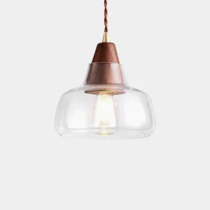 Walnut wood glass pendant light with exposed bulb and twisted brown cord, modern hanging lamp close-up detail view