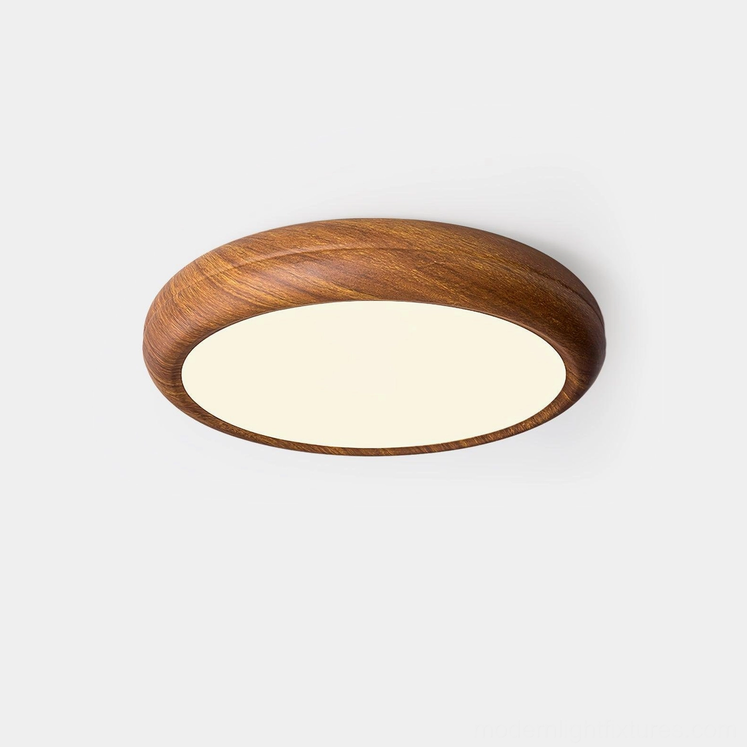 Walnut wood grain round flush mount ceiling light fixture with frosted acrylic diffuser, front overhead view on white background