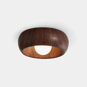 Zuwa modern wood grain flush mount ceiling light with walnut finish, front view on white background showing donut-shaped design with frosted glass diffuser