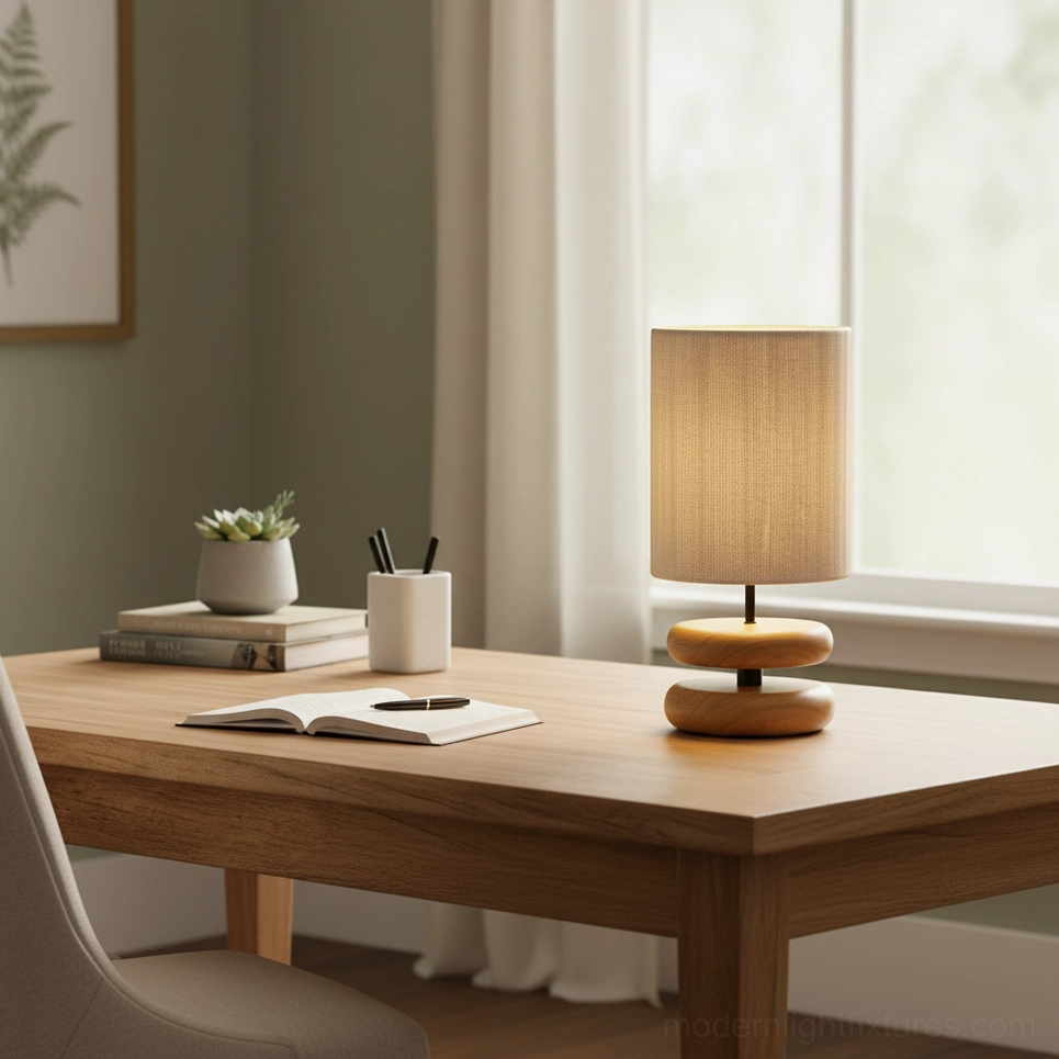 Modern walnut wood lamp with fabric shade providing ambient lighting in contemporary bedroom