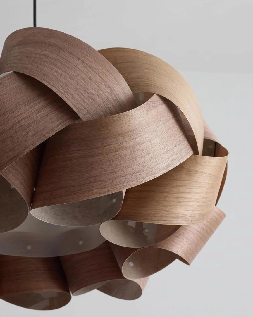 Hand-woven walnut wood veneer pendant light with warm 3000K LED illumination showing natural grain detail