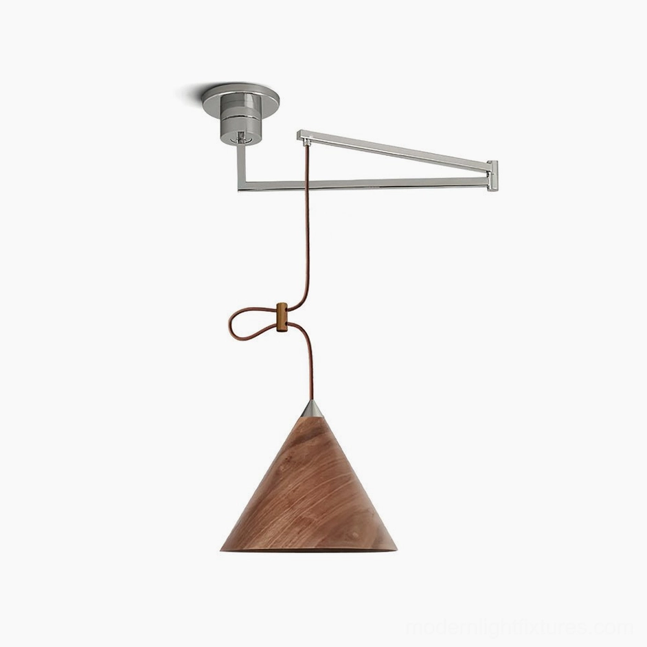 Walnut wood cone shade swing arm pendant lamp with leather wire accent