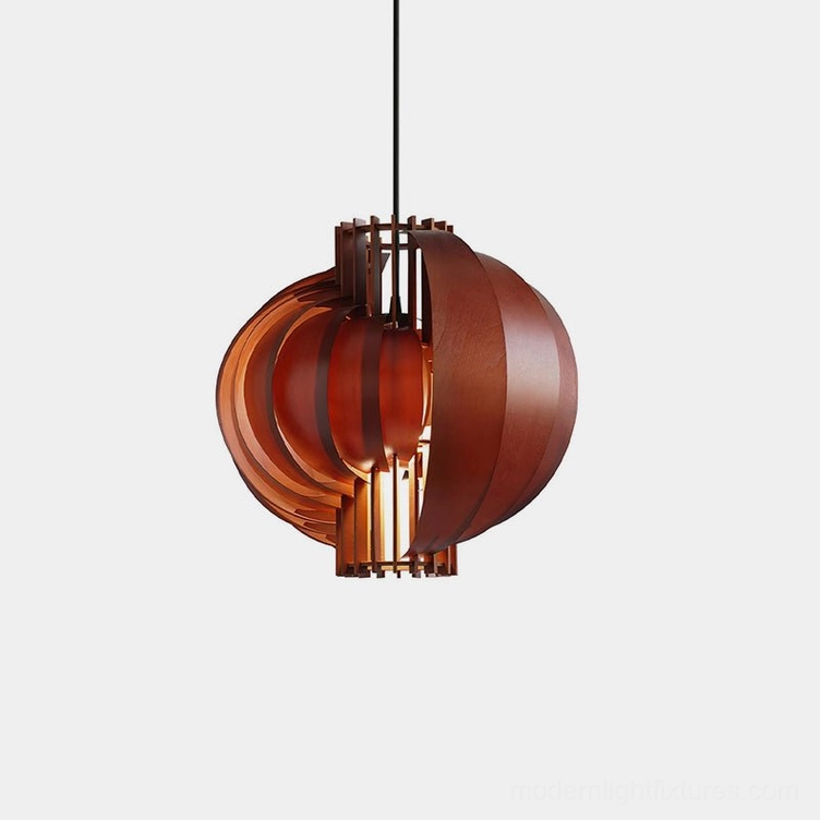 Sculptural wooden sphere pendant light with dark walnut finish, frontal view showcasing interlaced layered wood arcs