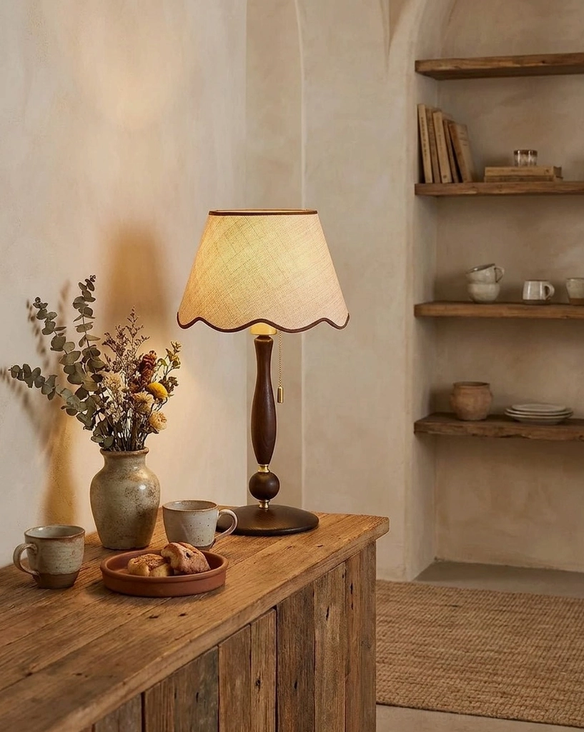 Walnut wood spindle and base detail of scalloped table lamp showing turned ash wood construction brass ring accent and stable round wood base