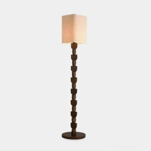 Walnut wood stacked floor lamp with square linen shade and round base, modern sculptural lighting fixture on white background