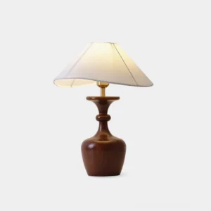 Walnut wood table lamp with conical fabric shade front view studio shot