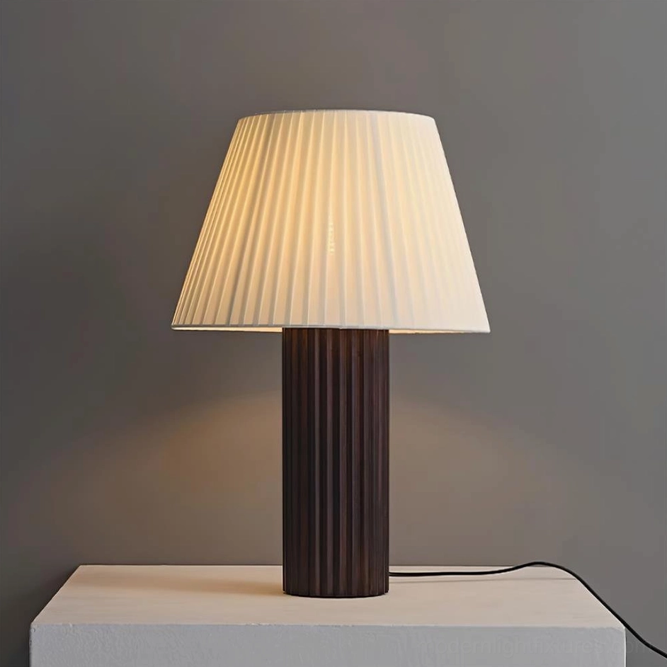 Walnut finish ribbed wood table lamp with white pleated fabric shade available in multiple global plug options for international use