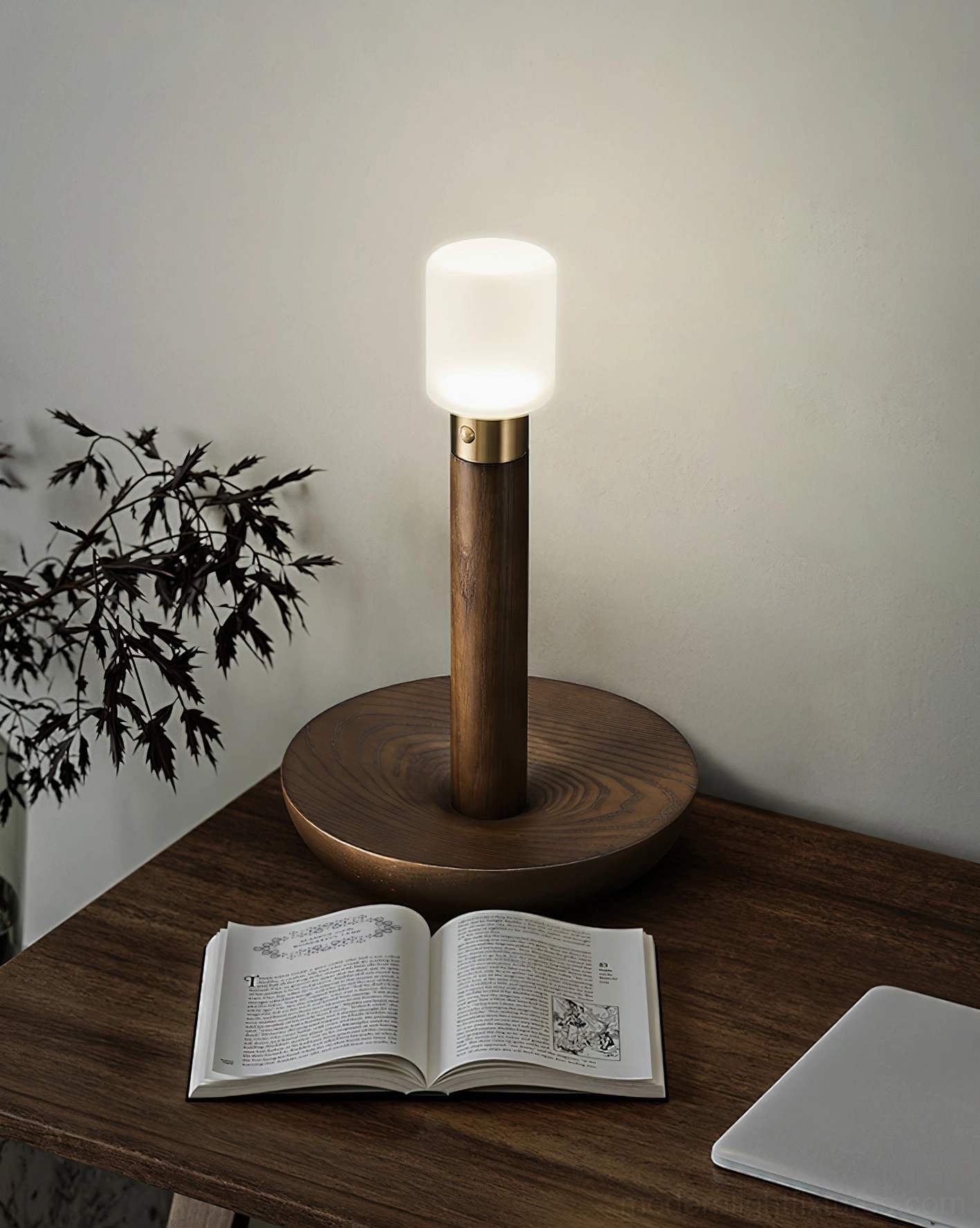 Dark walnut wooden table lamp with three-quarter view showcasing natural grain and frosted glass shade in reading nook