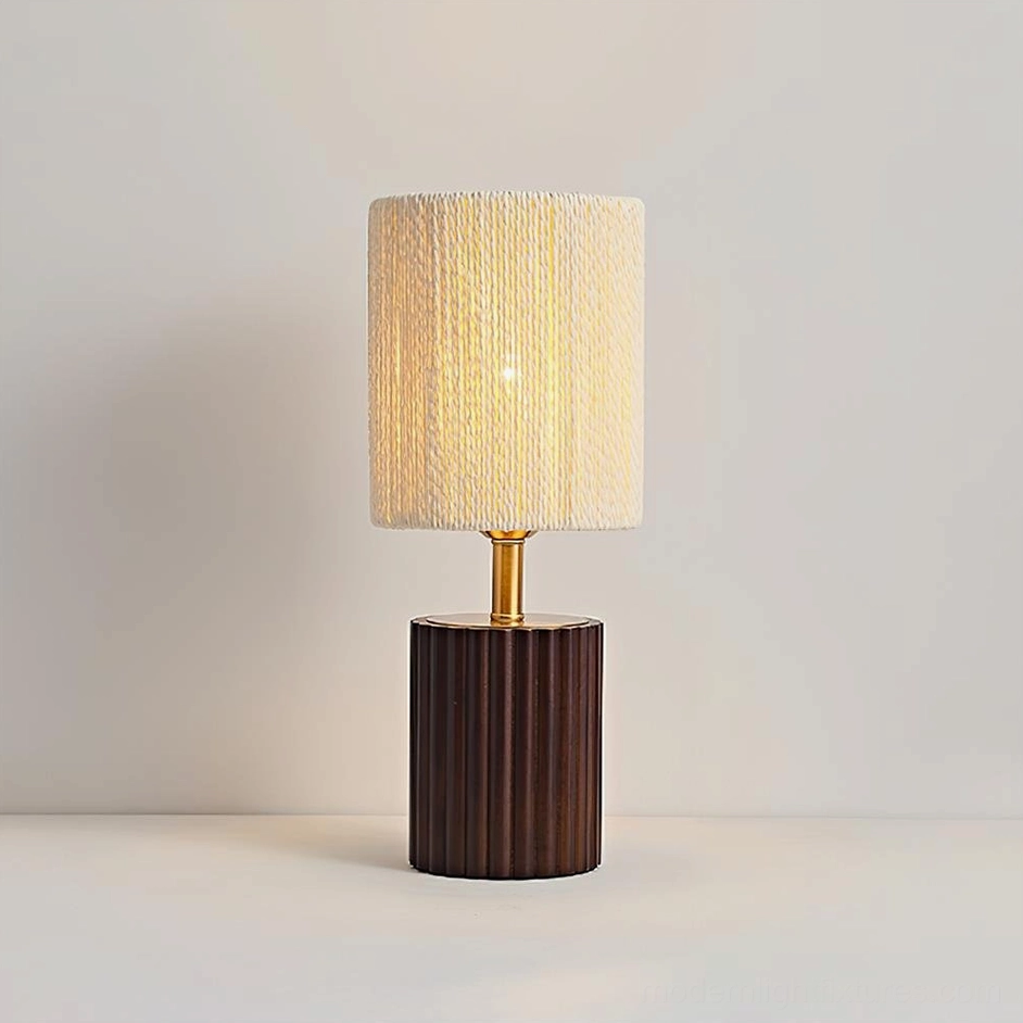 Contemporary table lamp in walnut finish with textured cylindrical shade, multiple angle view