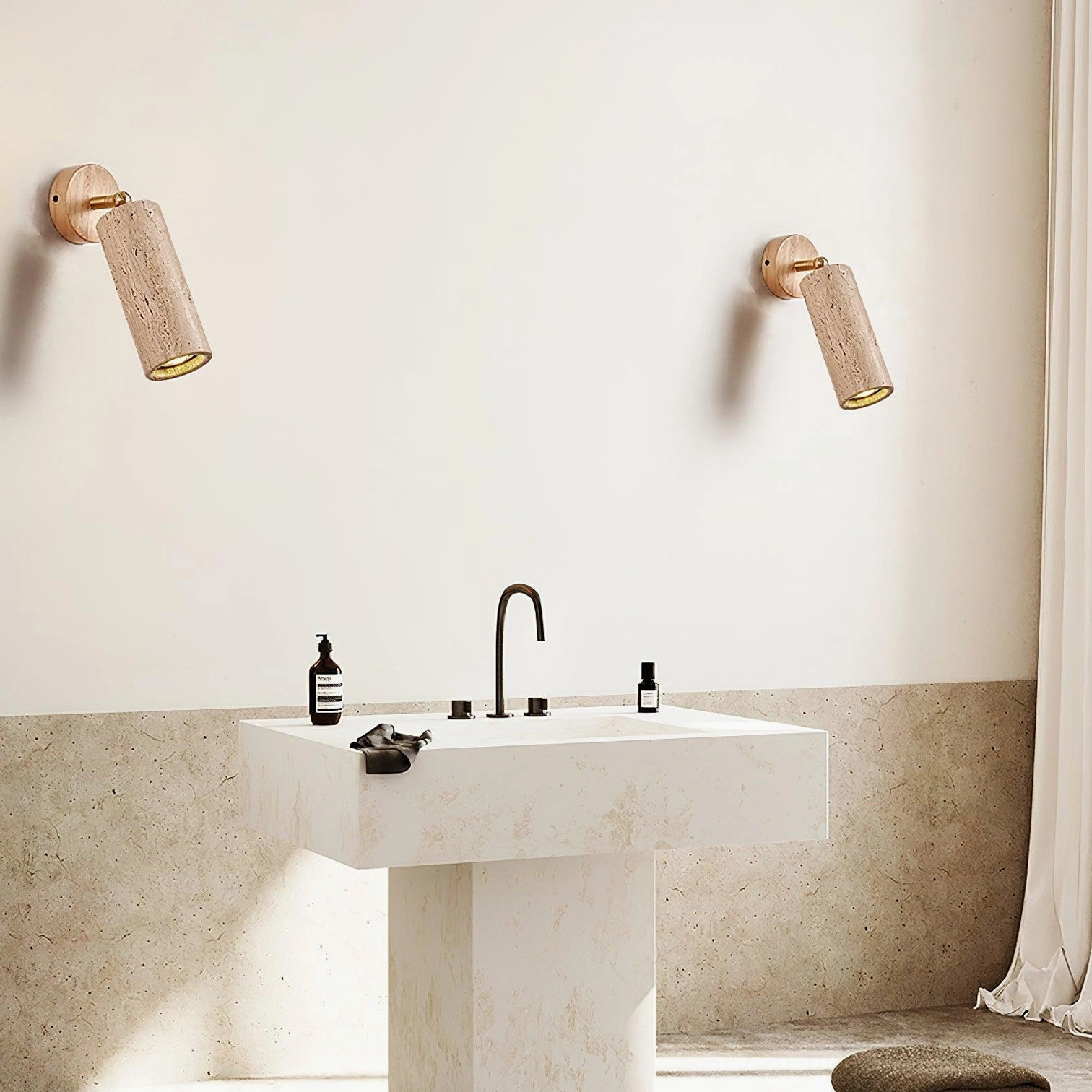 Mireille travertine wall sconce with walnut wood backing and beige natural stone shade contemporary styling