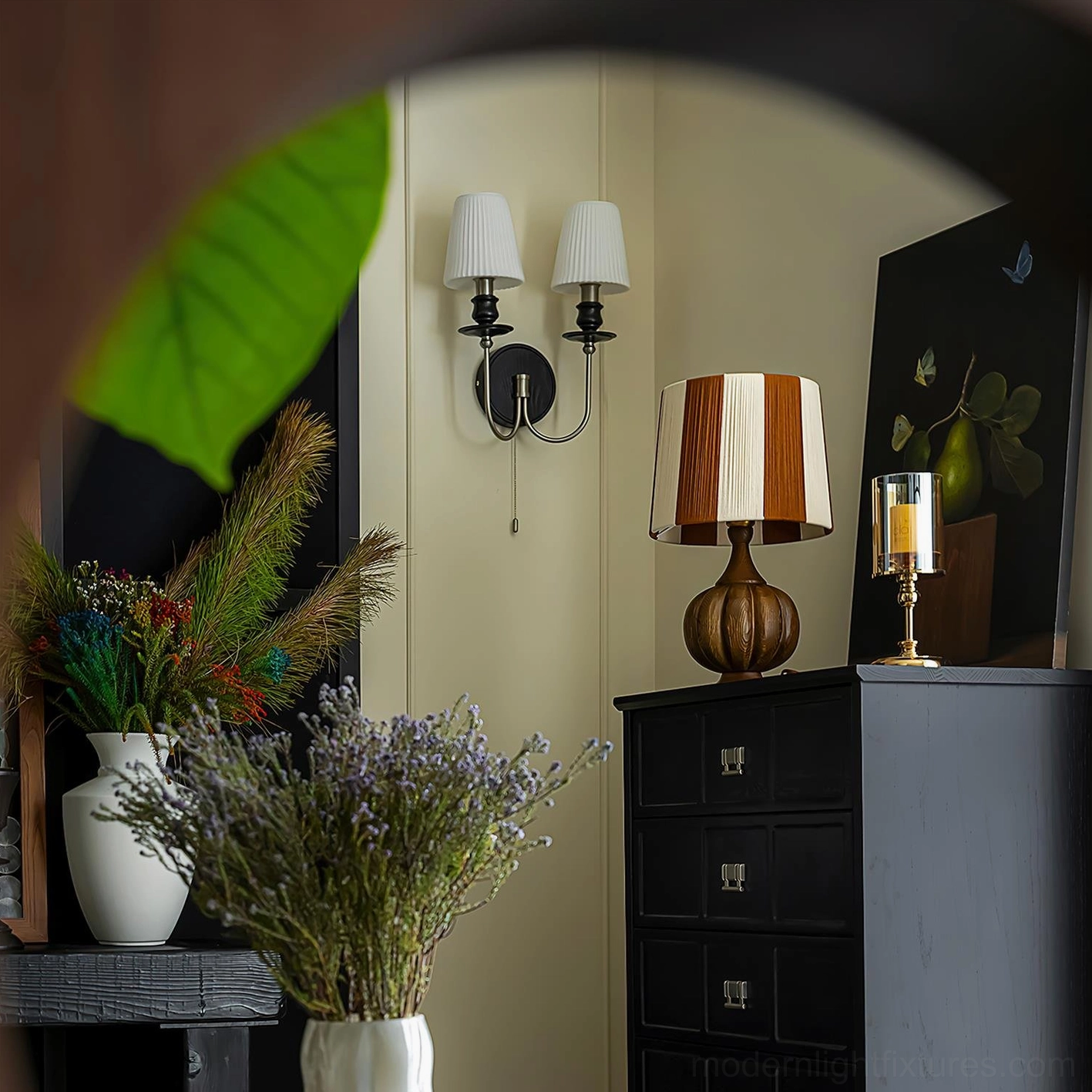 Walnut colored pumpkin base wooden table lamp with striped shade in transitional home office interior