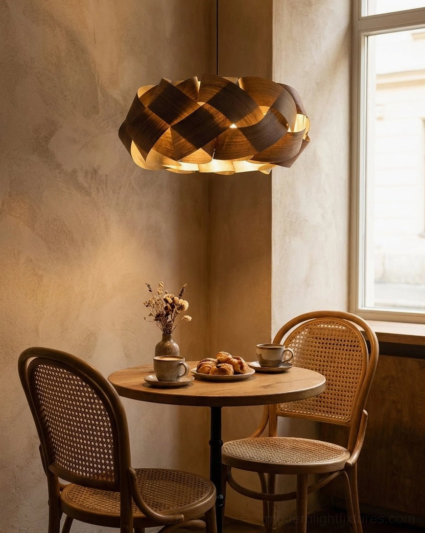 Hand-woven walnut wood donut pendant light illuminated above residential dining nook with warm glow