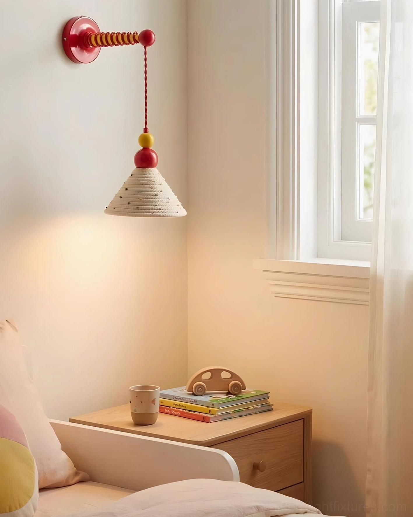 Soft glowing wall sconce fixture on bedroom nightstand wall creating warm intimate ambient lighting