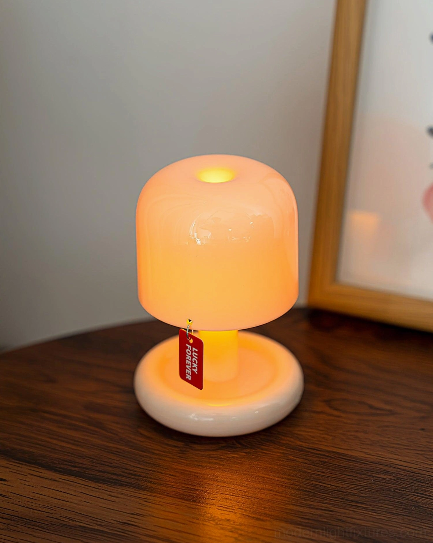 Illuminated Mini Mushroom Table Lamp glowing warm 3000K light on wooden desk