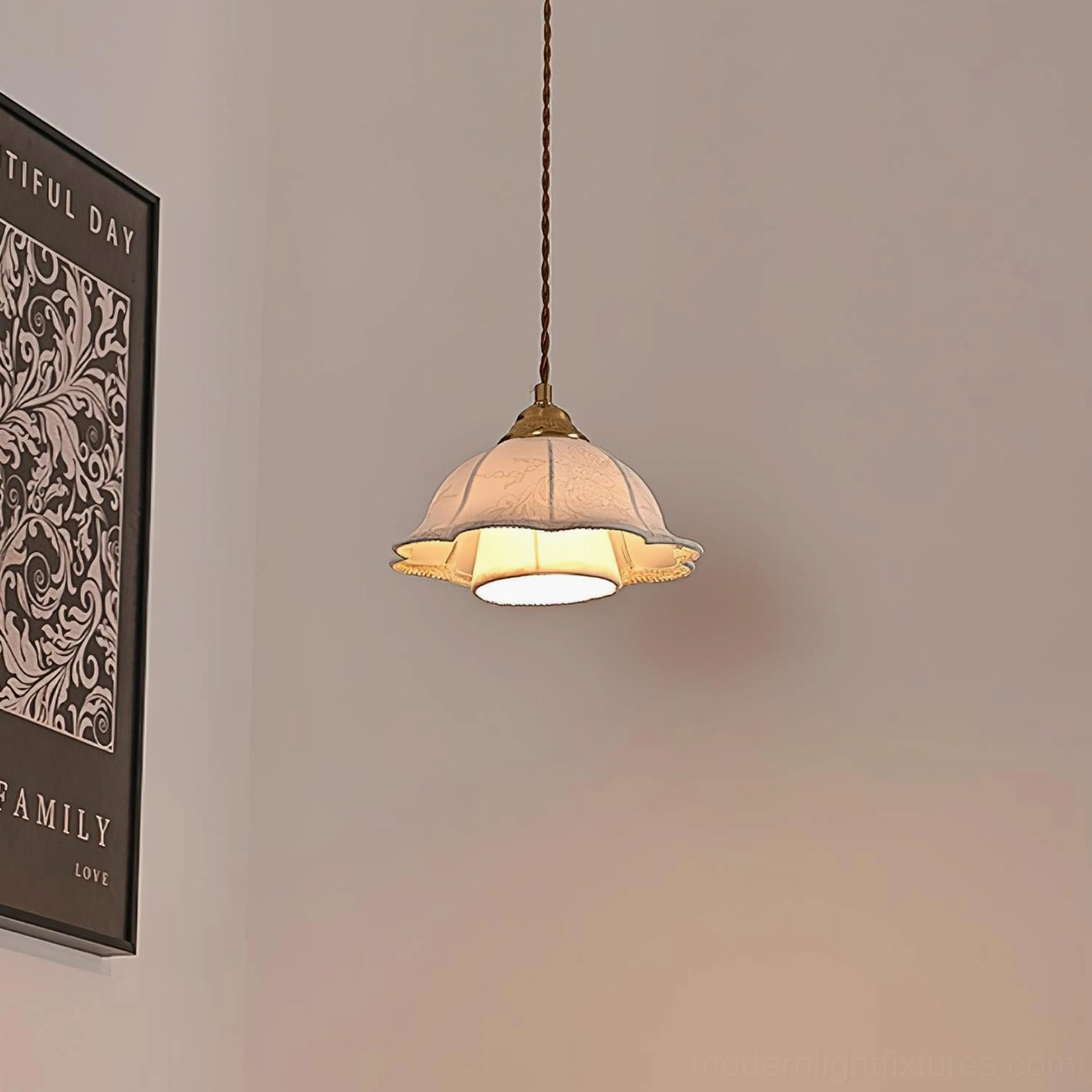 Warm-glowing vintage fabric pendant fixture mounted in hallway with cohesive brass accents