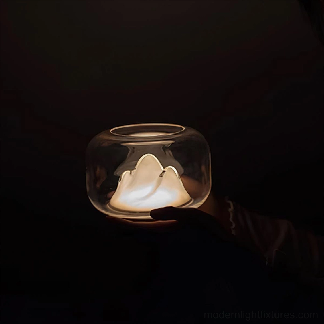 Warm mountain table lamp nature-inspired design, meditation space setting, peaceful serene ambiance 50000-hour LED