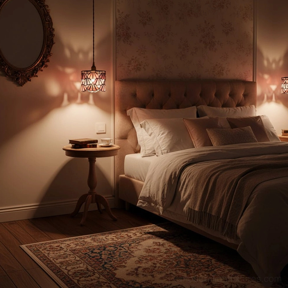 Warm-toned Tiffany pendant light casting colored light in vintage master bedroom with tufted headboard