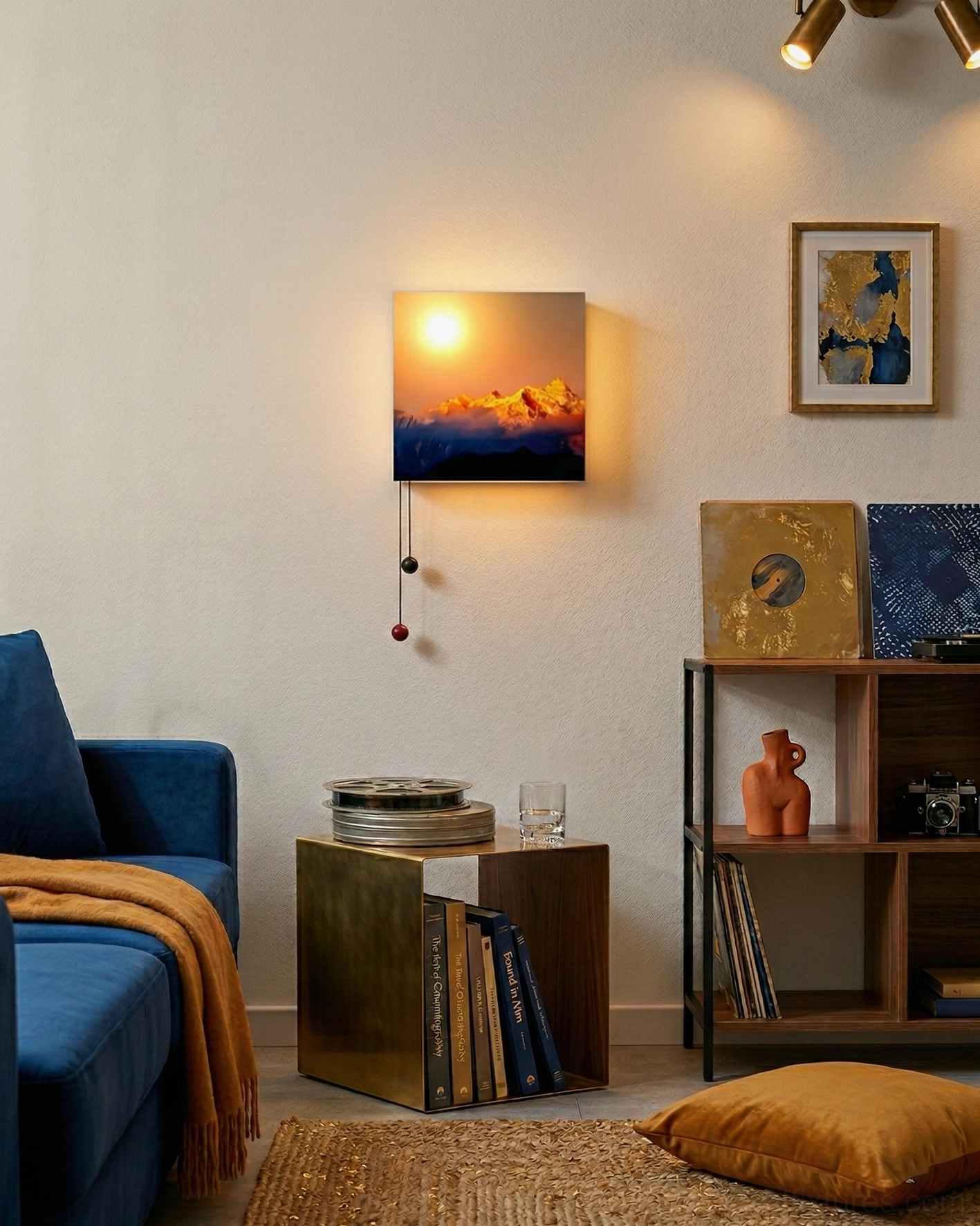 Compact modern living room with Ember Glow sunset wall sconce creating warm cozy atmospheric lighting