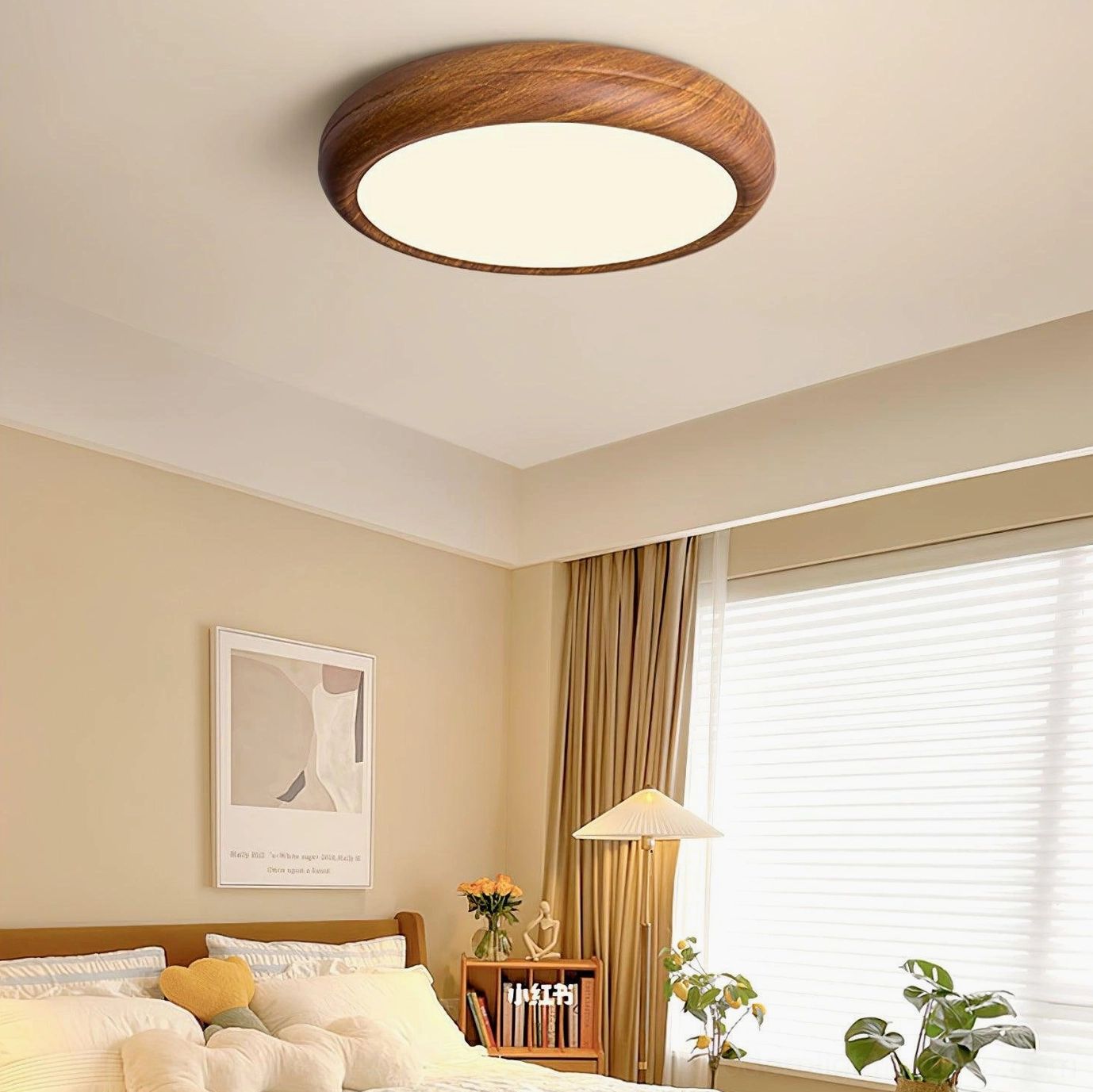 Warm-toned bedroom interior with walnut wood grain ceiling light fixture above window blinds, soft 3000K ambient