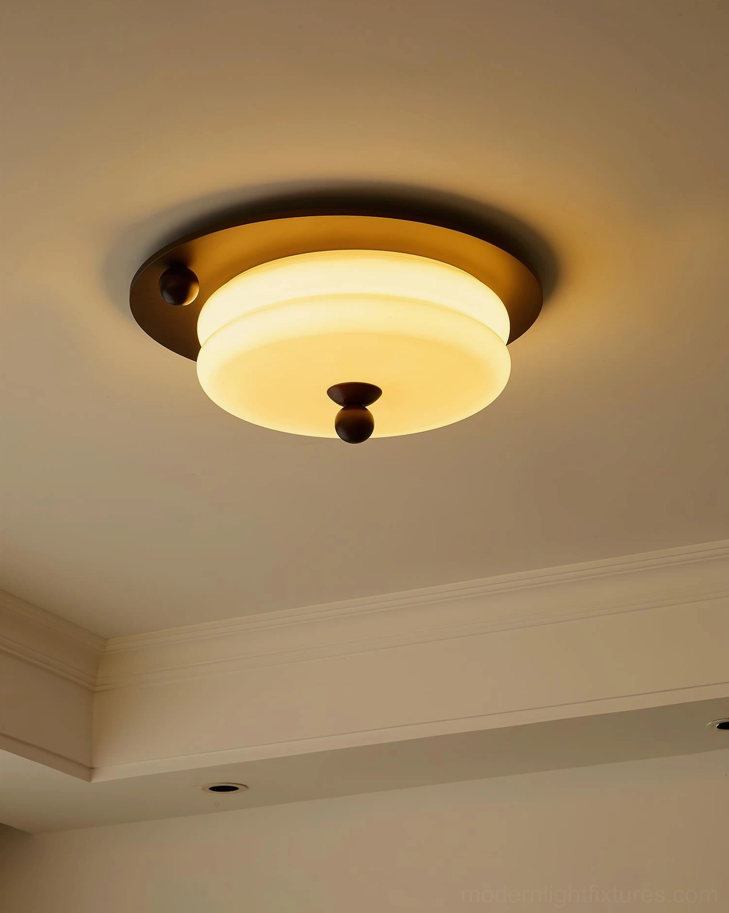 Lit wood and glass ceiling fixture showing golden warm white 3000K color temperature
