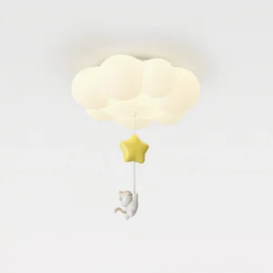 Warm white glowing Meowdream cloud ceiling fixture with star pendant, soft ambient lighting demonstration