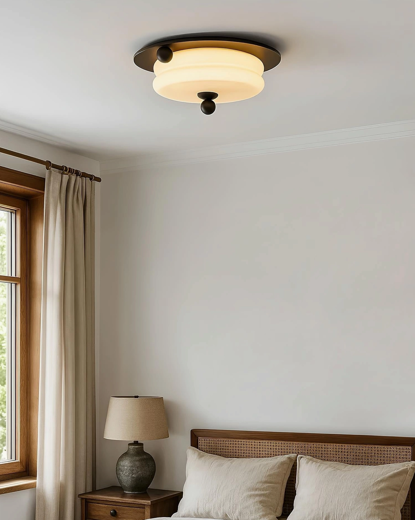 Flush mount wood ceiling light illuminated above bedroom nightstand with warm lighting