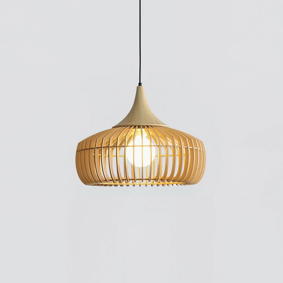 Light wood slat pendant fixture with illuminated warm bulb, natural tone modern lighting