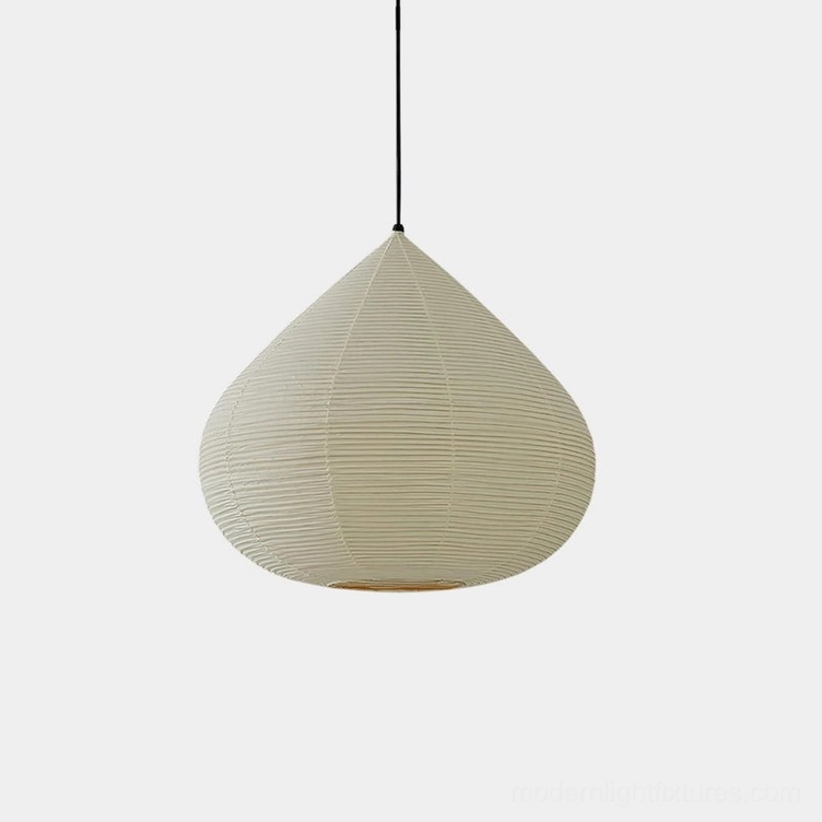 Washi paper chestnut pendant lamp front view with soft ribbed shade on white background