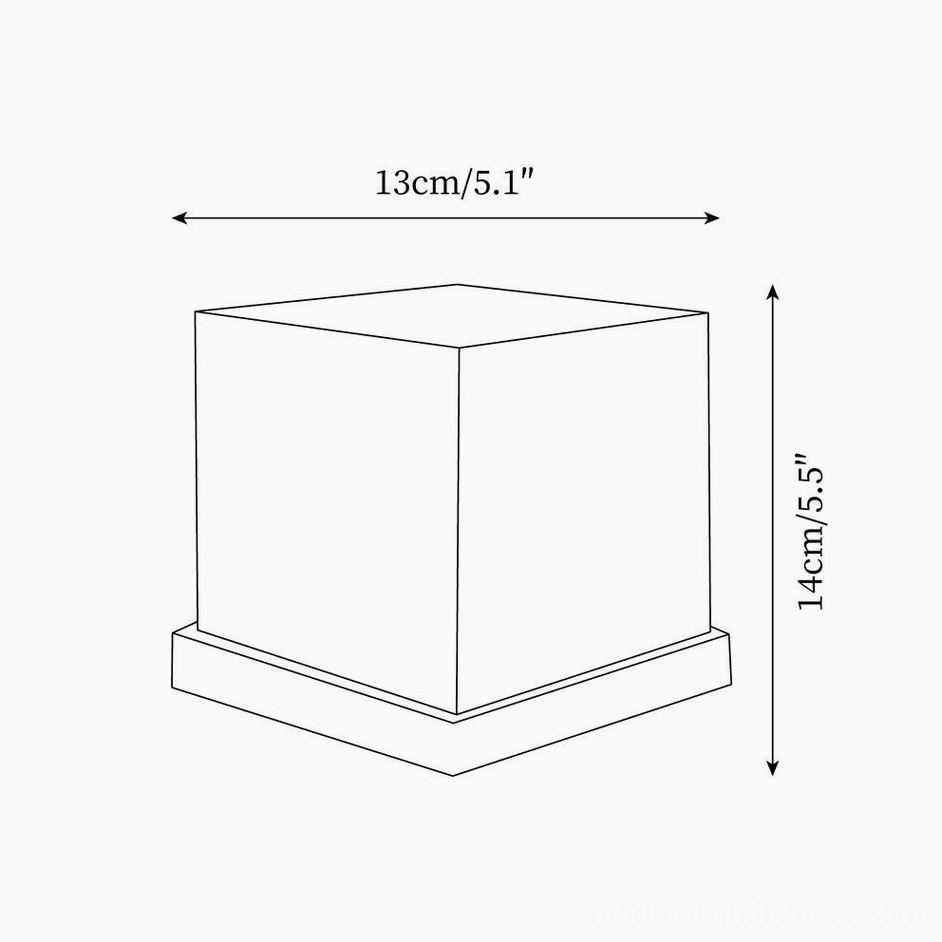 Technical diagram view of water ripple crystal cube table lamp showing product dimensions 13cm x 14cm, size specifications