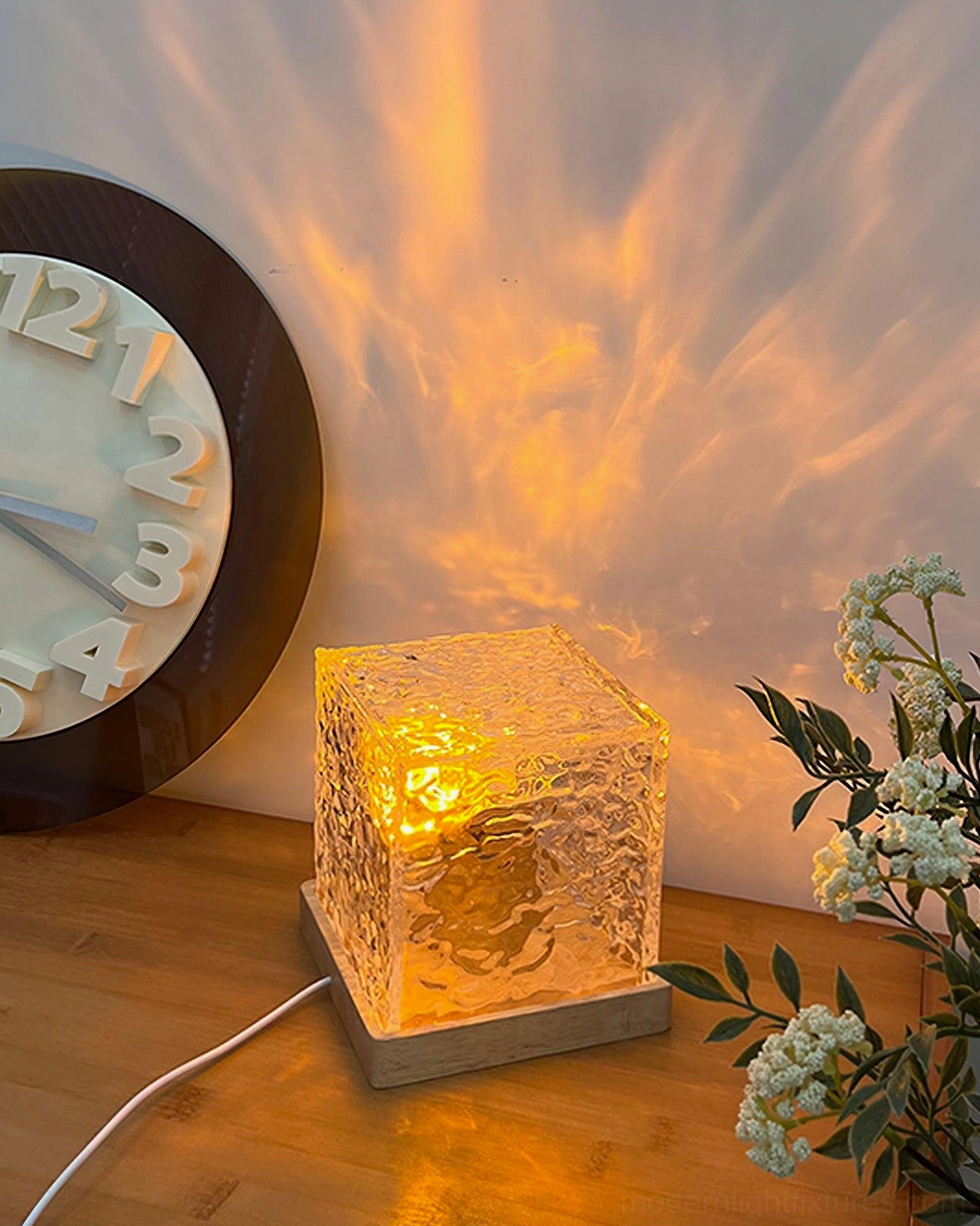 Water ripple crystal cube lamp with wood base, textured acrylic glass shade, Scandinavian minimalist design aesthetic