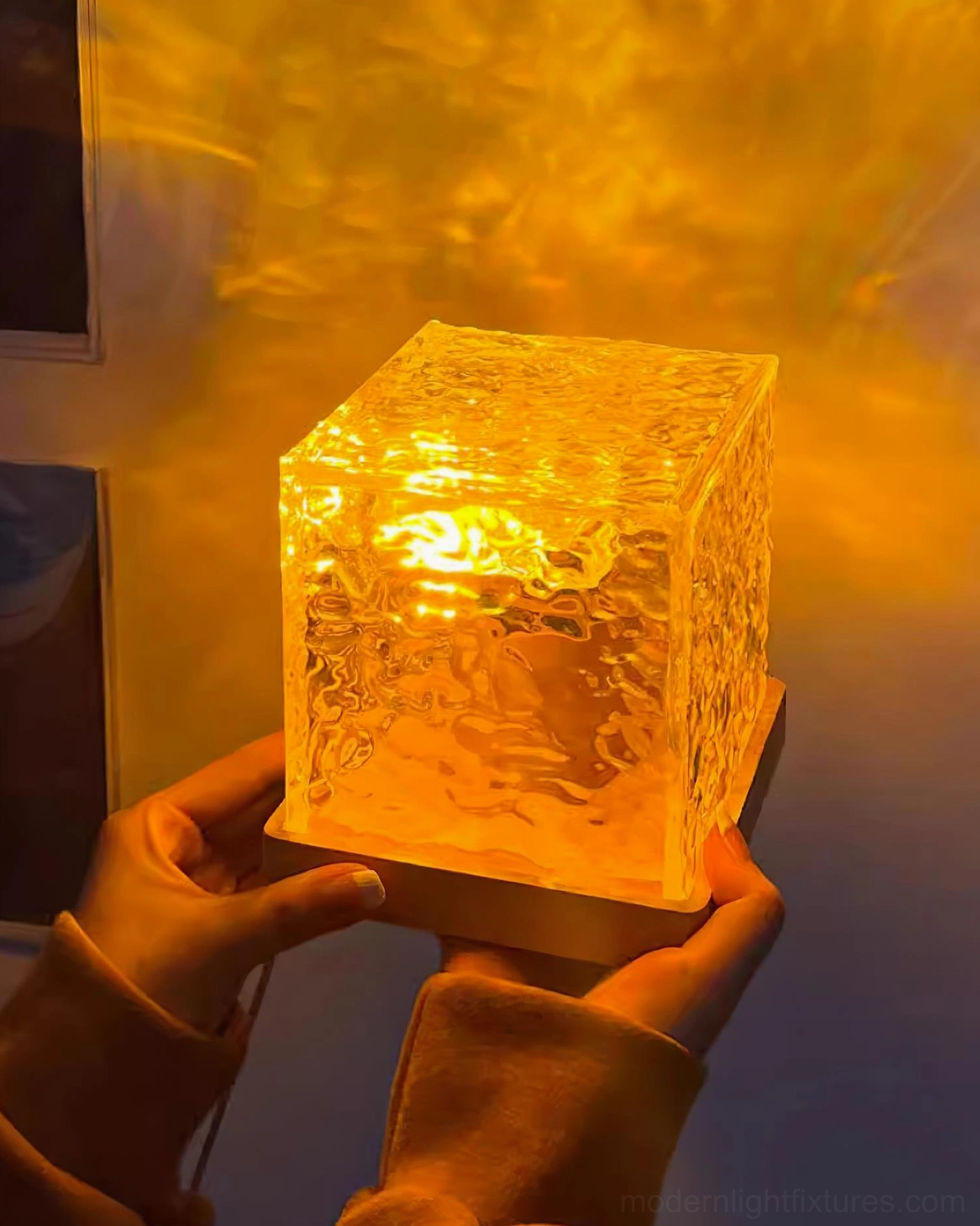 Water ripple crystal lamp with wood and acrylic materials, natural warm base with contemporary textured glass cube