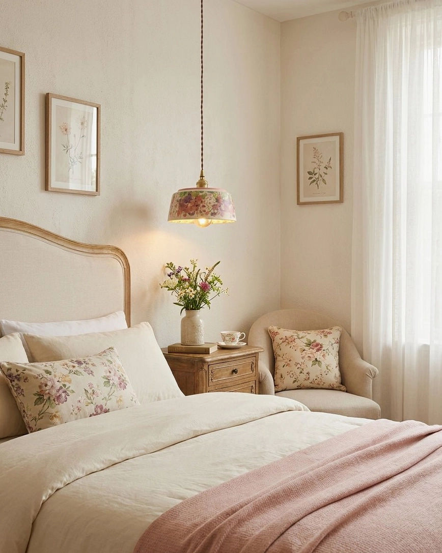 Watercolor floral pendant shade in minimalist french country bedroom with warm neutral tones