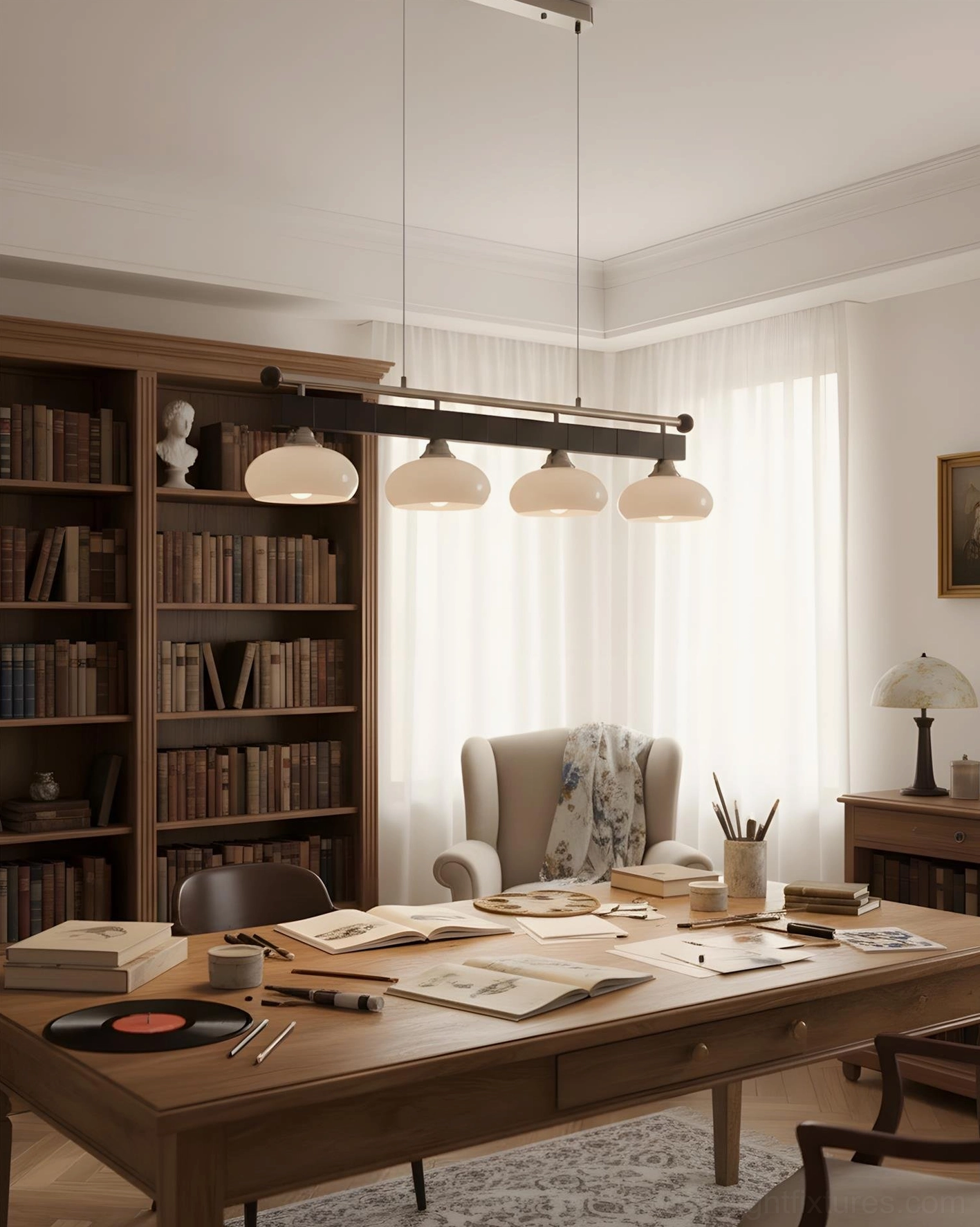 Wave linear chandelier with frosted glass shades installed above dining table creating warm ambient lighting atmosphere
