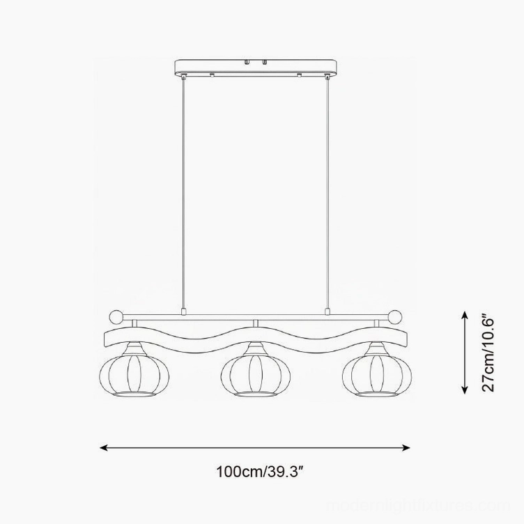 Technical blueprint specifications of wave linear pendant light with 3 dome shades 100cm length 27cm height