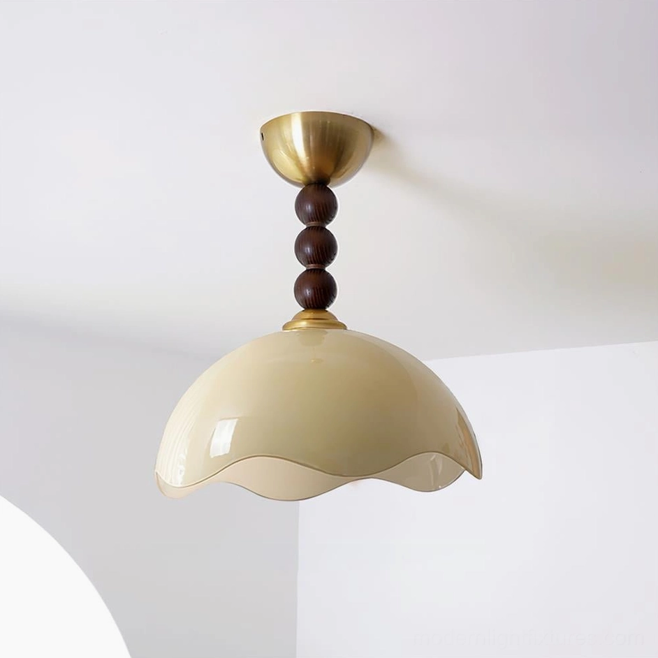 Cream beige Wave Coralia semi-flush ceiling light fixture with wavy glass shade and wooden bead accent