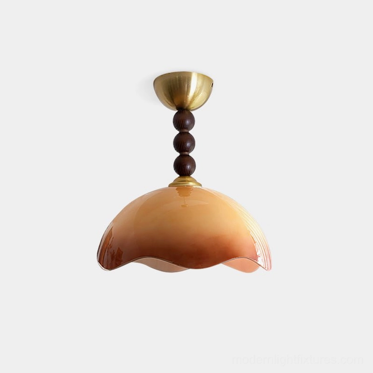 Wave Coralia mid-century modern wavy gradient glass ceiling light with brass canopy and wooden bead detail on white background